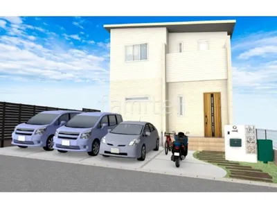 コンクリート枕木のアプローチが柔らかな印象の新築ナチュラル オープン外構