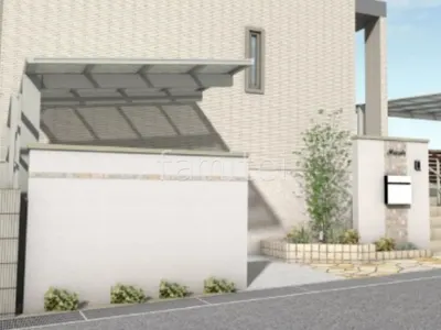 塗り壁門塀　サイクルポート　花壇