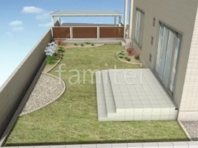 タイルデッキ　天然芝　花壇