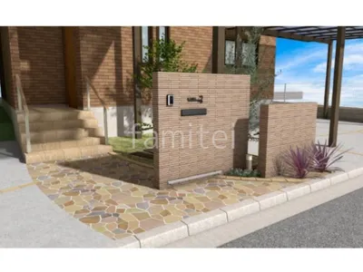 タイル門柱 乱形石 アプローチ 手すり