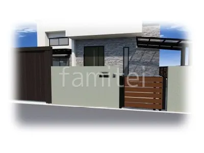 塗り壁門柱 引き戸門扉 サイクルポート