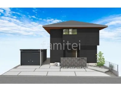 大きなタイル門柱と浮遊階段が存在感のある新築シンプル オープン外構