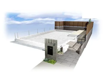 アプローチ　平板敷き　目隠しフェンス