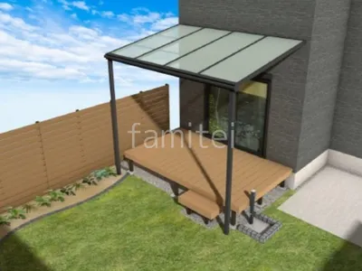 ウッドデッキ　1階用テラス屋根　立水栓　ピンコロ石囲い