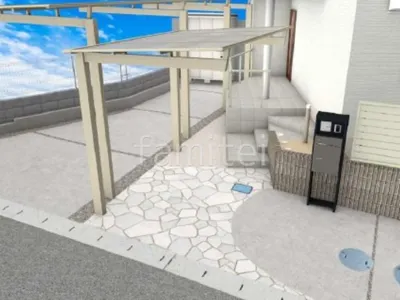 サイクルポート　乱形石　アプローチ　土間コンクリート