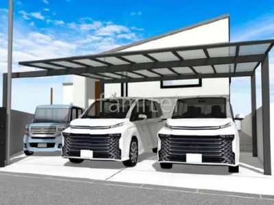 梁延長カーポート迫力のある新築ベーシック オープン外構