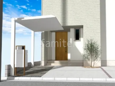 アプローチ　タイル貼り　ピンコロ石　宅配ボックス付き機能門柱