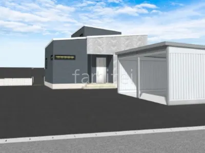 大きなガレージ倉庫で車や物を保管する新築ベーシック オープン外構