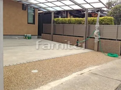 駐車場ガレージ床 土間コンクリート 伸縮目地 縁ライン ピンコロ石 床洗い出し仕上げ 砂味コンクリート