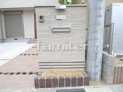 モダン門柱 壁タイル貼り INAXイナックス はるかべくん 細割ボーダー メインHB-1 ラインHB-6 アルミ笠木 LIXILリクシル コーピング TOEXトエックス