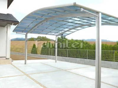 カーポート プライスポート 横2台用(ワイド ツイン) R型アール屋根 駐車場ガレージ床 土間コンクリート 洗い出し目地