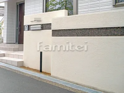 門袖 塗り壁 エスケー化研 ベルアート塗装 こて仕様 トラバーチン仕上げ ライン壁タイル貼り DT-310