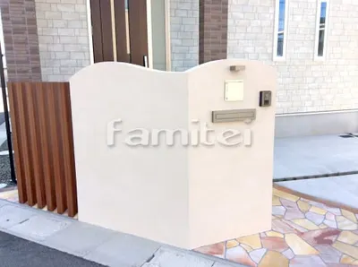 玄関まわり 門袖 塗り壁 R加工カーブ曲線デザイン 郵便受けポスト LIXILリクシル エクスポストS-3型 埋め込み式 口金タイプ 木製調デザインアルミ角柱 プランパーツ 角材