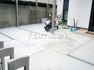 玄関アプローチ 床石貼り 乱形石 石英岩 ホワイト 駐車場ガレージ床 土間コンクリート 化粧砂利目地 黒玉石