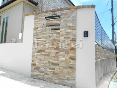 門袖 壁タイル貼り ユニソン パイルストーン 平型 ナチュラルブラウン 塗り壁 エスケー化研 ベルアート塗装 レンガ笠木 ソイルレンガ アンチックイエロー