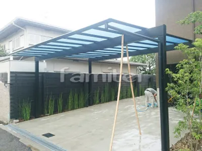 カーポート 三協アルミ スカイリード 奥行勾配 両側支持 横2台用(ワイド ツイン) F型フラット屋根 梁延長