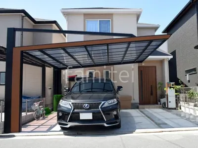 カーポート２台(ワイド) ツイン 四国化成 木製調 マイポートＮｅｘｔ フラット屋根 後ろ柱