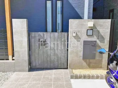 モダン門柱 壁タイル貼り タカショー セラレバンテ 宅配ボックス ユニソン ヴィコDB100 門扉 LIXIL AA MM1型 親子両開き