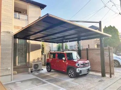 カーポート２台(ワイド) ツイン 三協アルミ 木製調 ダブルフェース 側面支持 フラット屋根 後ろ柱