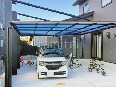 カーポート２台(ワイド) ツイン 三協アルミ 木製調 ダブルフェース 側面支持 フラット屋根 後ろ柱