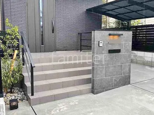 門柱 壁タイル貼り LIXIL メンフィス 郵便受けポスト エクスポストS-3型 玄関アプローチ階段 床タイル貼り 施主支給 手すり アーキレール