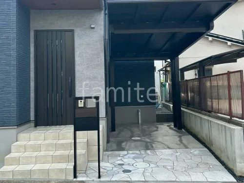 玄関アプローチ階段 床タイル貼り LIXIL パセオ 玄関アプローチ 床石貼り 乱形石 石英岩 駐車場ガレージ床 土間コンクリート