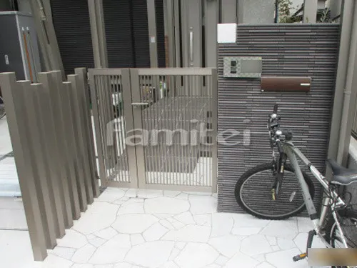 玄関門扉 LIXILリクシル プレスタ2型 親子開き モダン門柱 壁タイル貼り はるかべくん 細割ボーダー HB-6