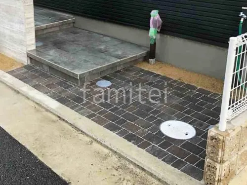 玄関ポーチ 浮遊階段(蹴込み階段) 床タイル張り タカショー セラ レバンテ 石・ストーン調 アプローチ 平板敷き ユニソン カッシア