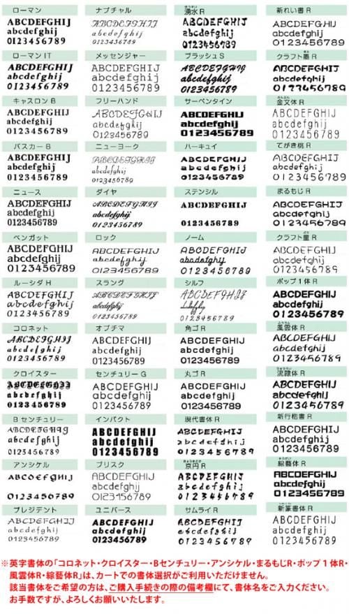 ステンレス表札シャインシリーズ　対応英字書体一覧