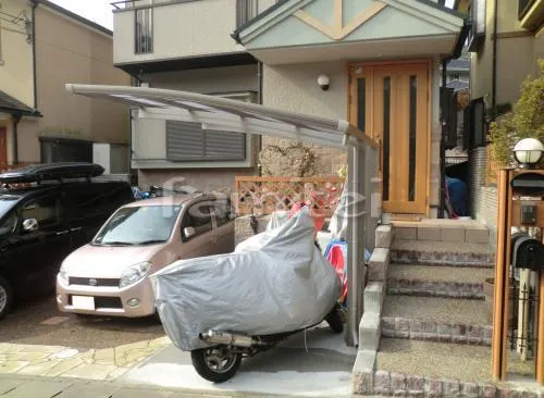 京都市 アプローチまわりリフォーム  砂利洗い出し 自転車置き屋根 プライスポートミニ