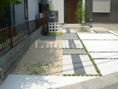 野洲市 新築オープン外構 モダン門柱 スクリーンブロック 勝手口屋根 ヴェクターテラス屋根 YKK