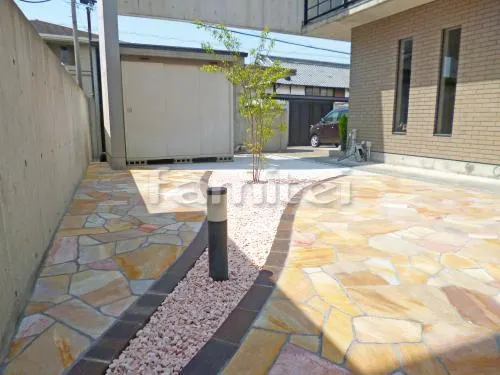 和歌山市 リフォーム庭園工事 お庭リフォーム外構 お庭 床石貼り 乱形石 石英岩 イエロー ピンク 縁レンガライン ユニソン プログエステートブリック ストレート シャドーブラウン 化粧砂利 シンボルツリー ハイノキ 常緑樹 植栽 花壇 土間コンクリート