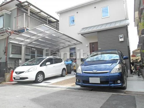 城陽市 外構工事 新築ベーシック オープン外構 アプローチ カーポート タイヤ止めブロック(車止め)　化粧ブロック花壇