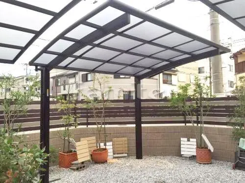大阪市大正区 エクステリア工事 カーポート プライスポート 1台用(単棟) R型アール屋根 激安目隠しフェンス塀 プランパーツ アルミ平板
