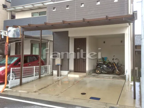 尼崎市 エクステリア工事 フル木製調テラス屋根(パーゴラ風) 三協アルミ ナチュレ 1階用 F型フラット屋根