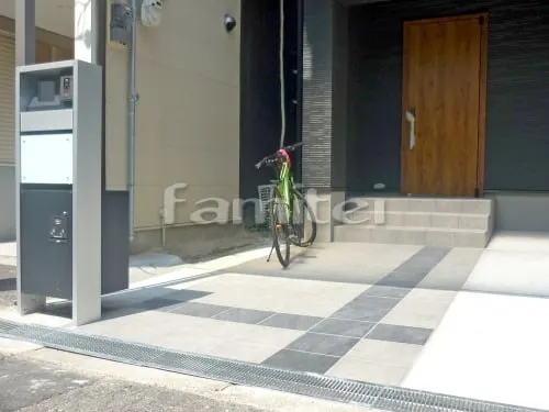 大阪市 新築ベーシック オープン外構 機能門柱 アプローチ テラス屋根 土間コンクリート ベランダ屋根
