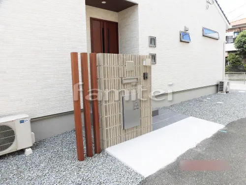 西宮市 新築ベーシック オープン外構 化粧ブロック門柱 カーポート デッキ テラス屋根